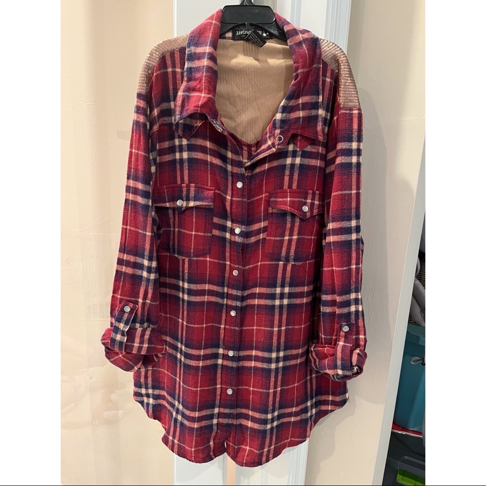 New Living Doll Size Large Roll Tab Maroon Flannel PLAID top